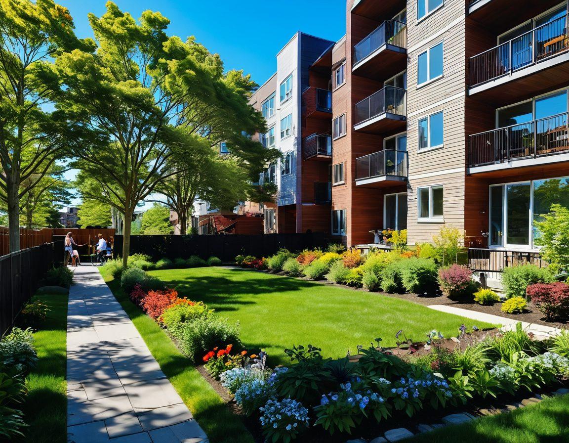 A stunning view of modern Somerville condos with lush green parks and smiling families enjoying their time outdoors. The scene captures vibrant flowers, children playing, and a clear blue sky, portraying a sense of community and happiness. Include subtle elements of investment, like a stack of coins or a small graph in the corner to hint at financial growth. sunny day, cheerful atmosphere, modern design. super-realistic. vibrant colors.