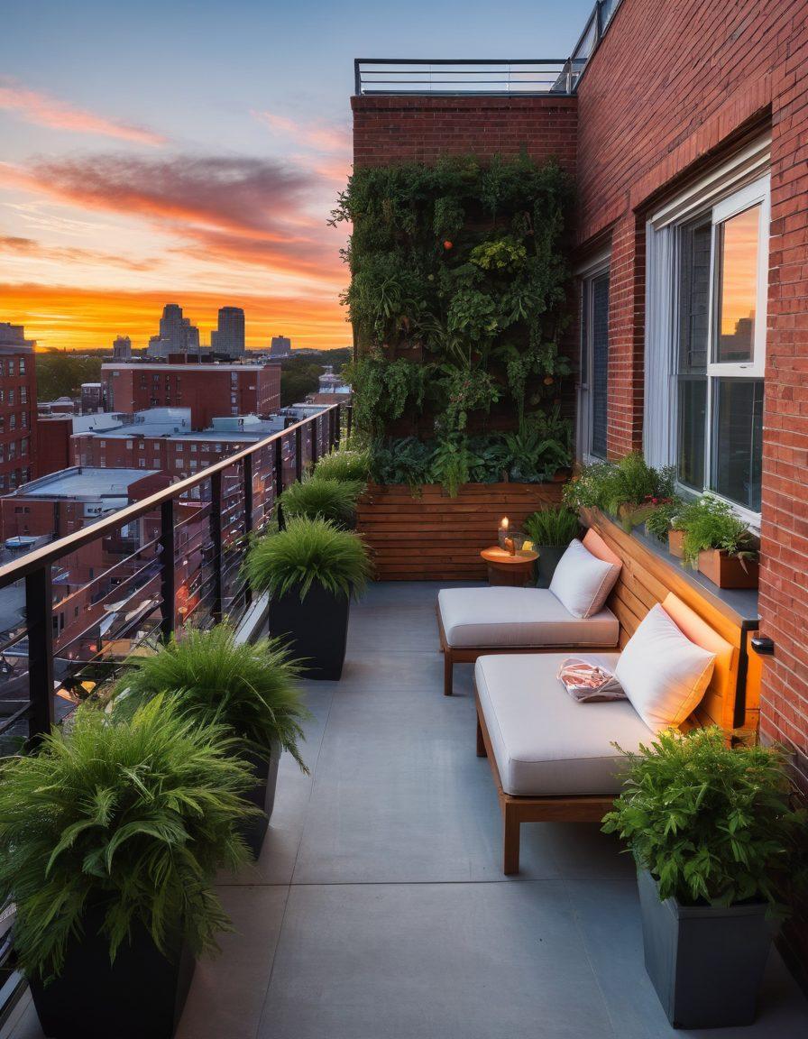 A stunning view from a chic Somerville apartment balcony showcasing a vibrant urban skyline at sunset. Include stylish furniture, lush greenery, and soft glowing lights to convey a cozy, joyful atmosphere. Capture elements of luxury living, such as a rooftop pool and community spaces bustling with happy residents. Make it inviting and warm, symbolizing elevated living. super-realistic. vibrant colors. sunset hues.