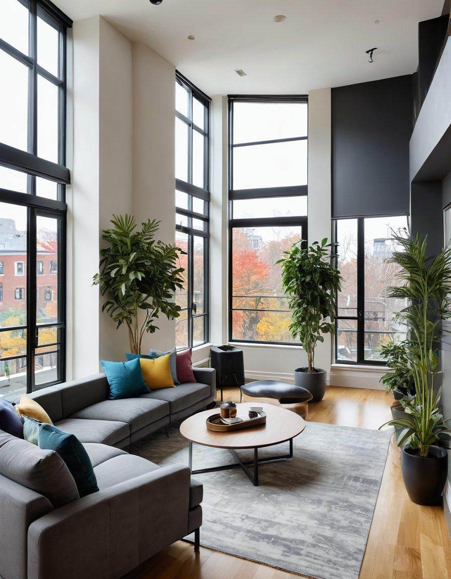 A luxurious, contemporary condo interior showcasing sleek modern furniture and vibrant plants, bathed in natural light streaming through large windows. In the background, glimpses of the bustling Somerville exterior with parks and urban life can be seen. Enthusiastic residents engaging in wellness activities like yoga and meditation add an inviting touch. The color palette is warm and uplifting, emphasizing comfort and style. super-realistic. vibrant colors. 3D.